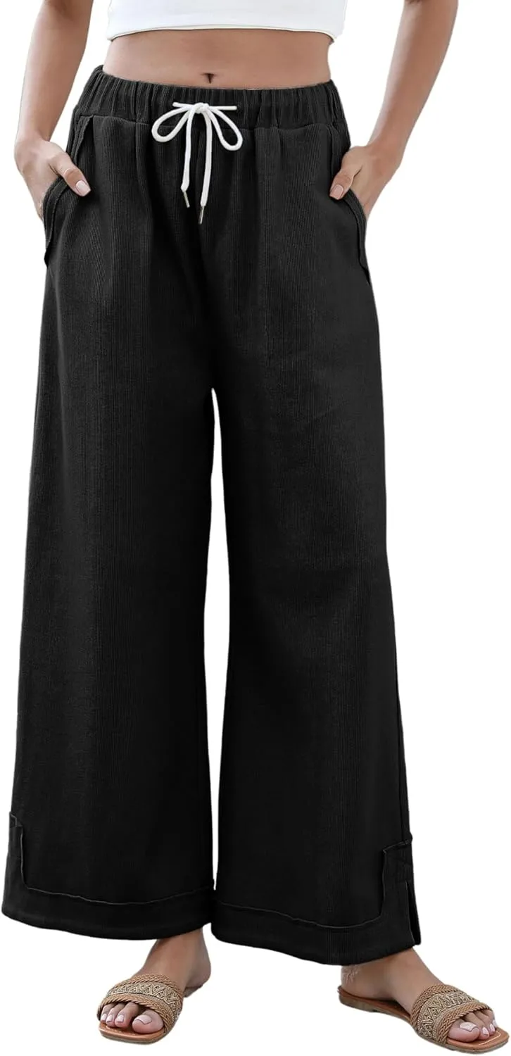 Athlisan Womens Baggy Wide Leg Palazzo Pants Loose Drawstring Elastic Waisted Trousers with Pockets(Black-M)