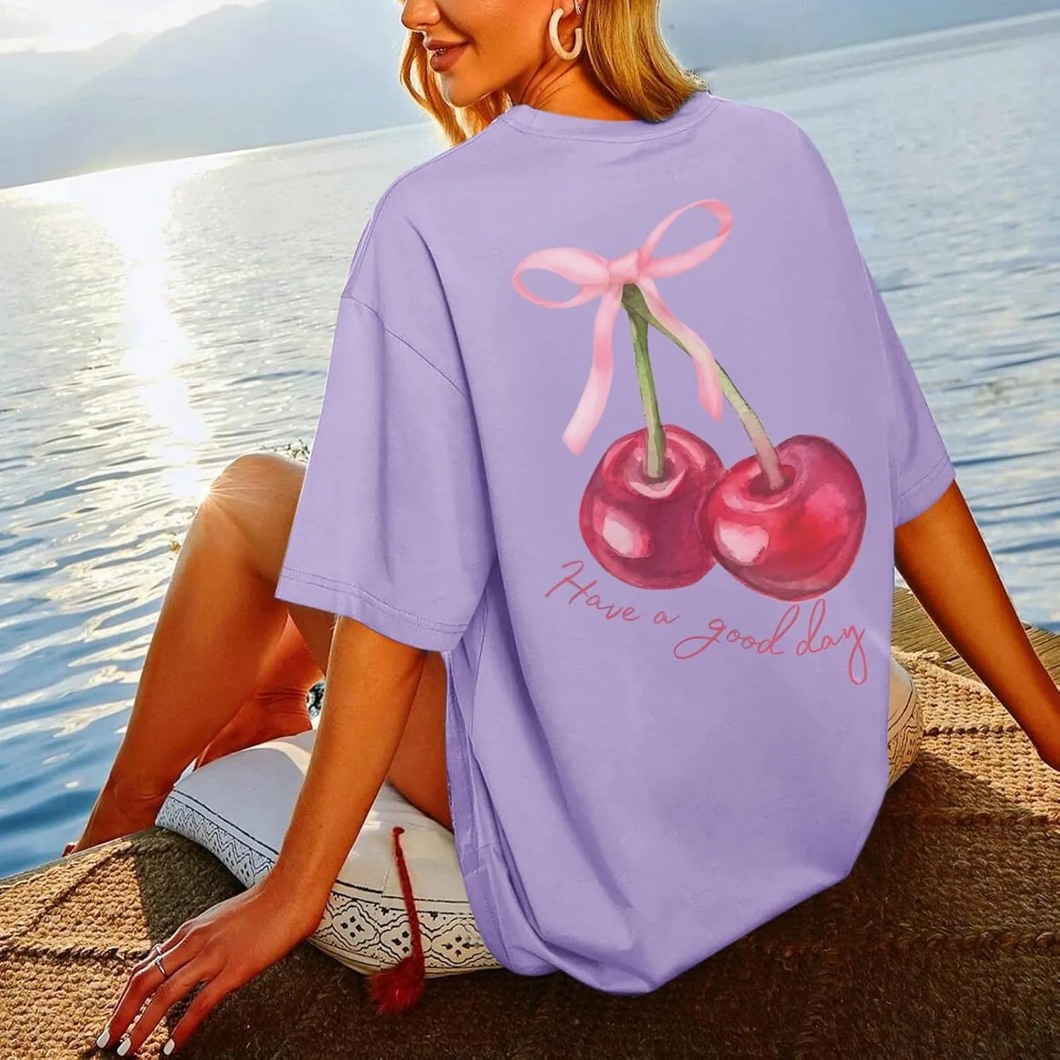 BINTEHGS Oversized Graphic Tees for Women Trendy Cherry Printed Shirt Cute Summer Aesthetic Cotton Tshirts Tops for Teens