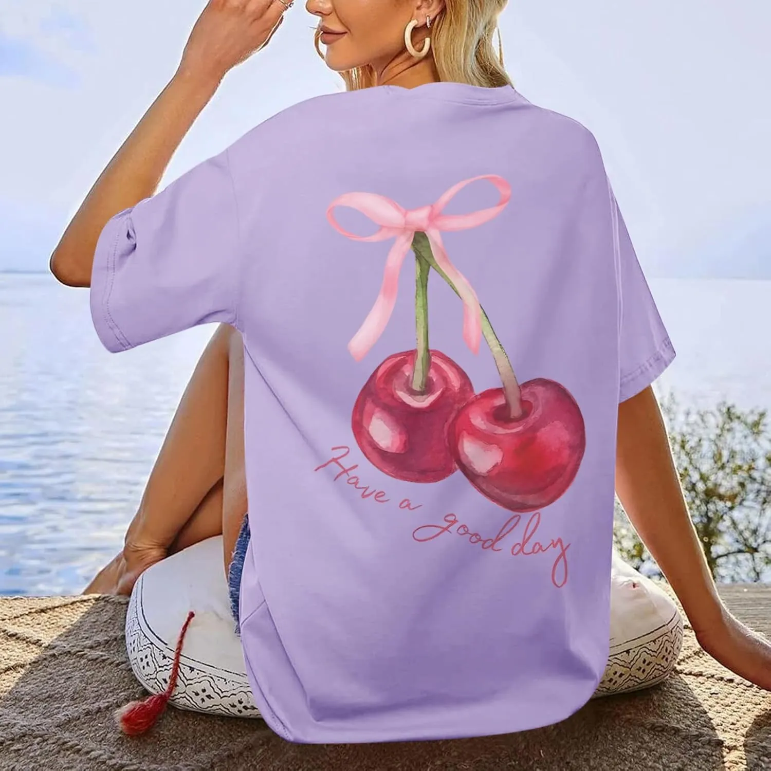 BINTEHGS Oversized Graphic Tees for Women Trendy Cherry Printed Shirt Cute Summer Aesthetic Cotton Tshirts Tops for Teens