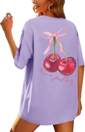 BINTEHGS Oversized Graphic Tees for Women Trendy Cherry Printed Shirt Cute Summer Aesthetic Cotton Tshirts Tops for Teens