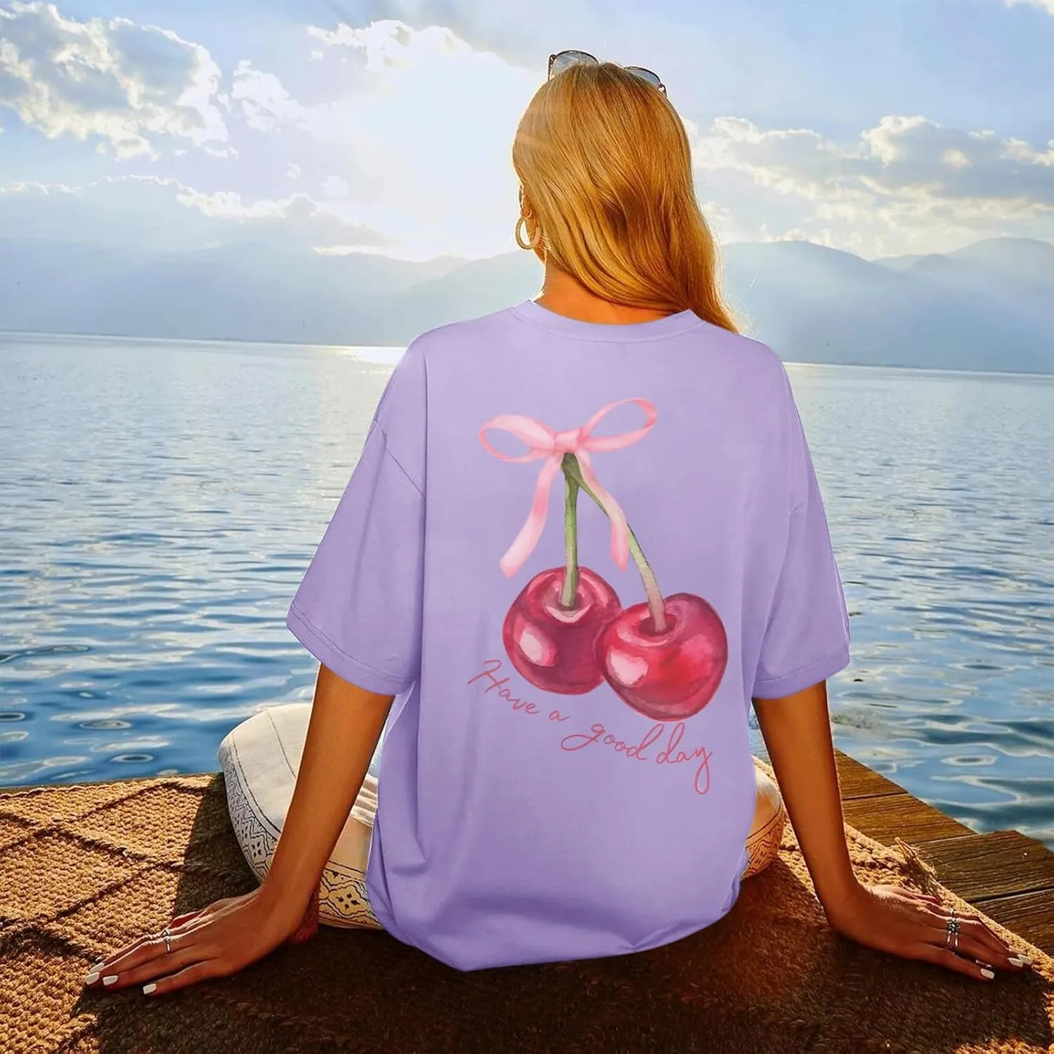 BINTEHGS Oversized Graphic Tees for Women Trendy Cherry Printed Shirt Cute Summer Aesthetic Cotton Tshirts Tops for Teens