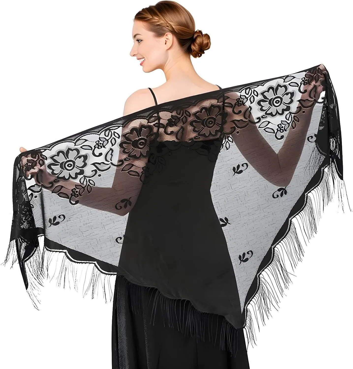 Black Lace Shawl Triangle Lace Shawls and Wraps Black Lace Scarf Black Shawl with Fringe Triangle Shawl Black Fringe Shawl for Wedding Evening Party Dresses