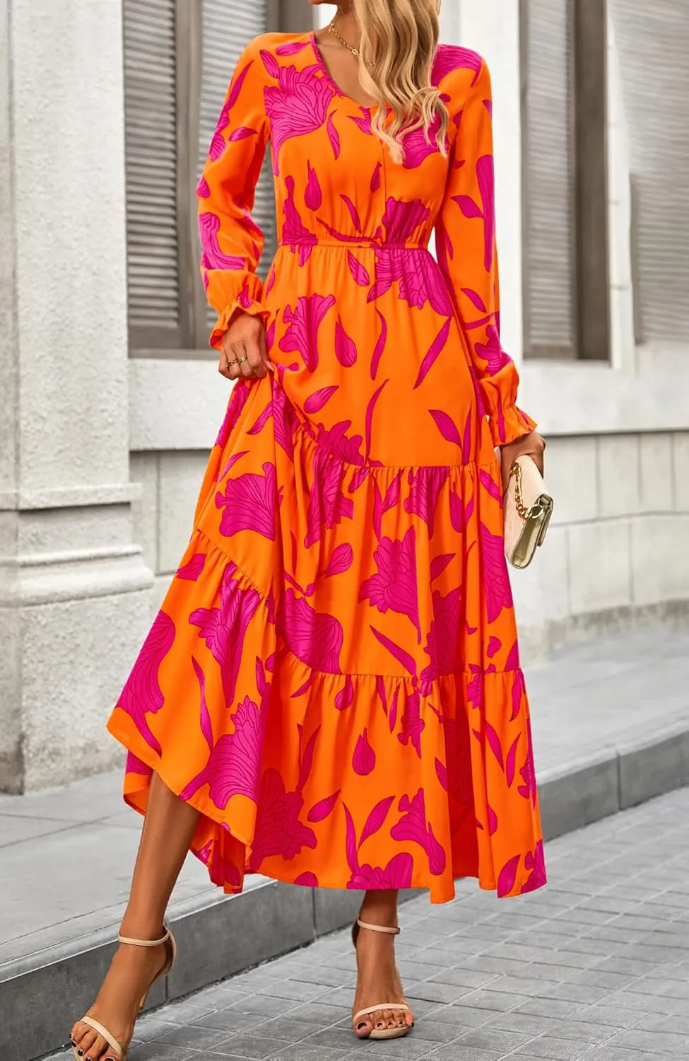 BTFBM Women Spring Dresses 2025 Casual Long Sleeve V Neck Maxi Dresses Floral Boho Long Dress Wedding Guest Dress