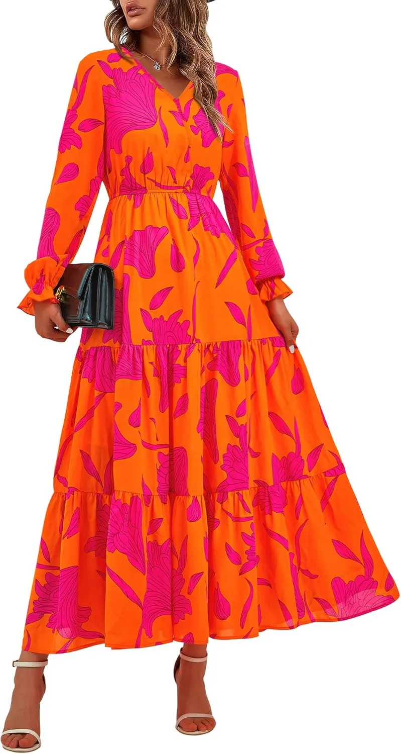 BTFBM Women Spring Dresses 2025 Casual Long Sleeve V Neck Maxi Dresses Floral Boho Long Dress Wedding Guest Dress