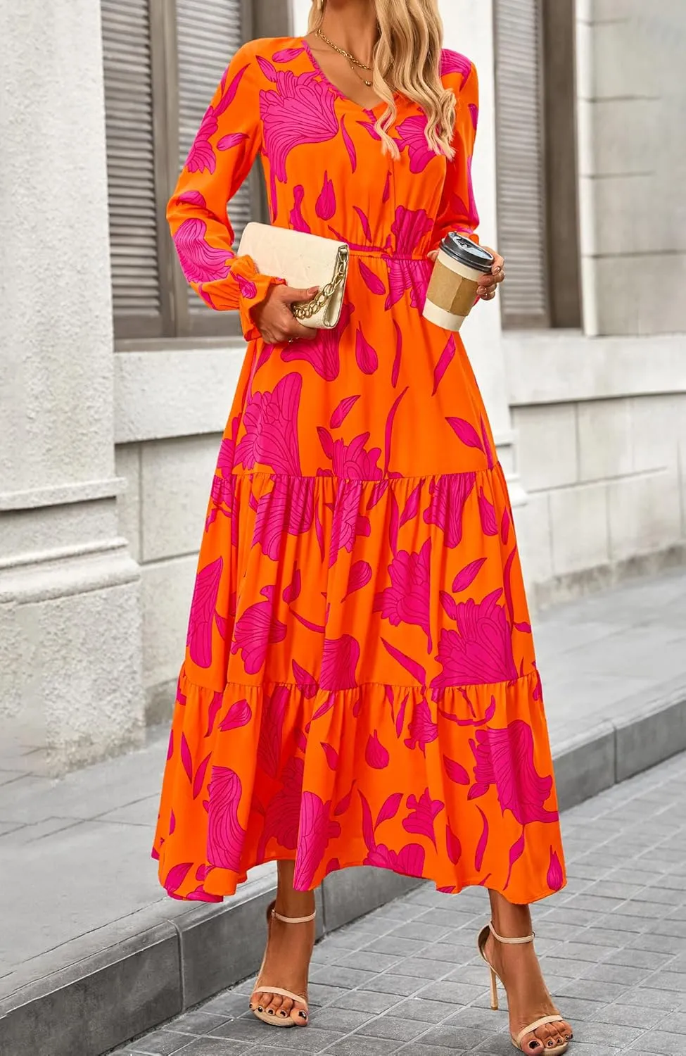 BTFBM Women Spring Dresses 2025 Casual Long Sleeve V Neck Maxi Dresses Floral Boho Long Dress Wedding Guest Dress