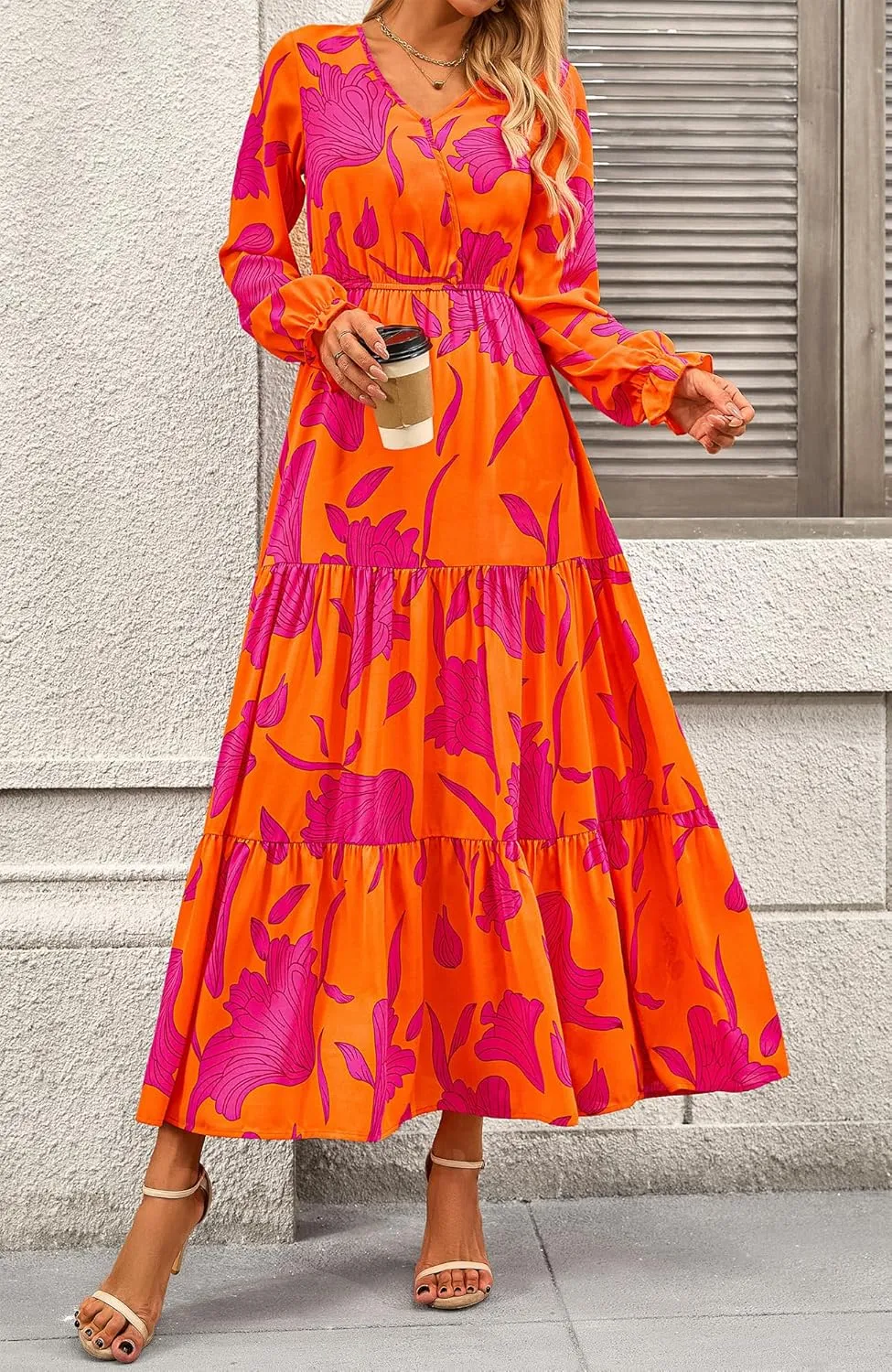 BTFBM Women Spring Dresses 2025 Casual Long Sleeve V Neck Maxi Dresses Floral Boho Long Dress Wedding Guest Dress