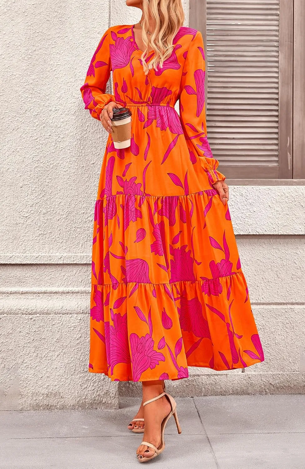 BTFBM Women Spring Dresses 2025 Casual Long Sleeve V Neck Maxi Dresses Floral Boho Long Dress Wedding Guest Dress