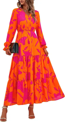 BTFBM Women Spring Dresses 2025 Casual Long Sleeve V Neck Maxi Dresses Floral Boho Long Dress Wedding Guest Dress