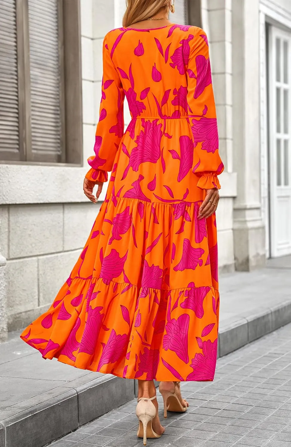 BTFBM Women Spring Dresses 2025 Casual Long Sleeve V Neck Maxi Dresses Floral Boho Long Dress Wedding Guest Dress