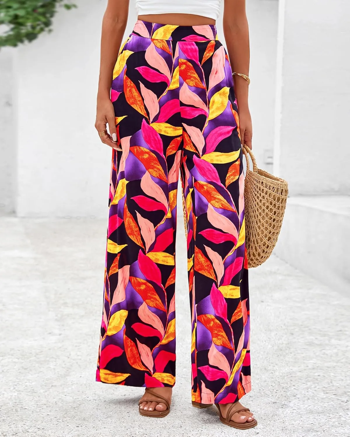 BTFBM Women's Wide Leg Summer Pants 2025 Loose Boho Vacation Trousers Elastic Waist Printed Palazzo Lounge Pant Pockets