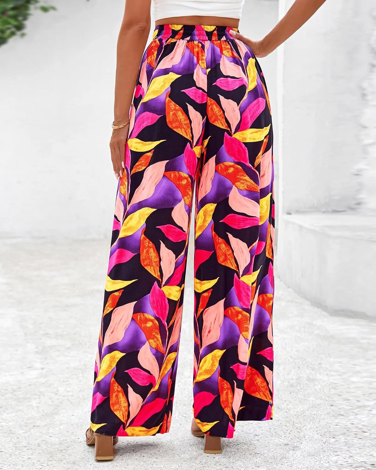 BTFBM Women's Wide Leg Summer Pants 2025 Loose Boho Vacation Trousers Elastic Waist Printed Palazzo Lounge Pant Pockets