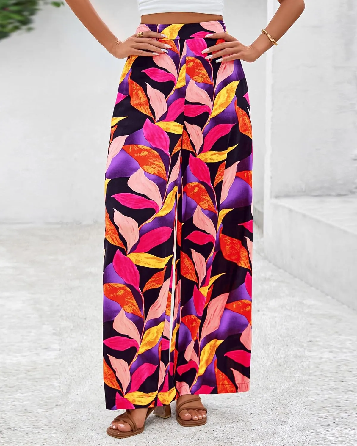 BTFBM Women's Wide Leg Summer Pants 2025 Loose Boho Vacation Trousers Elastic Waist Printed Palazzo Lounge Pant Pockets