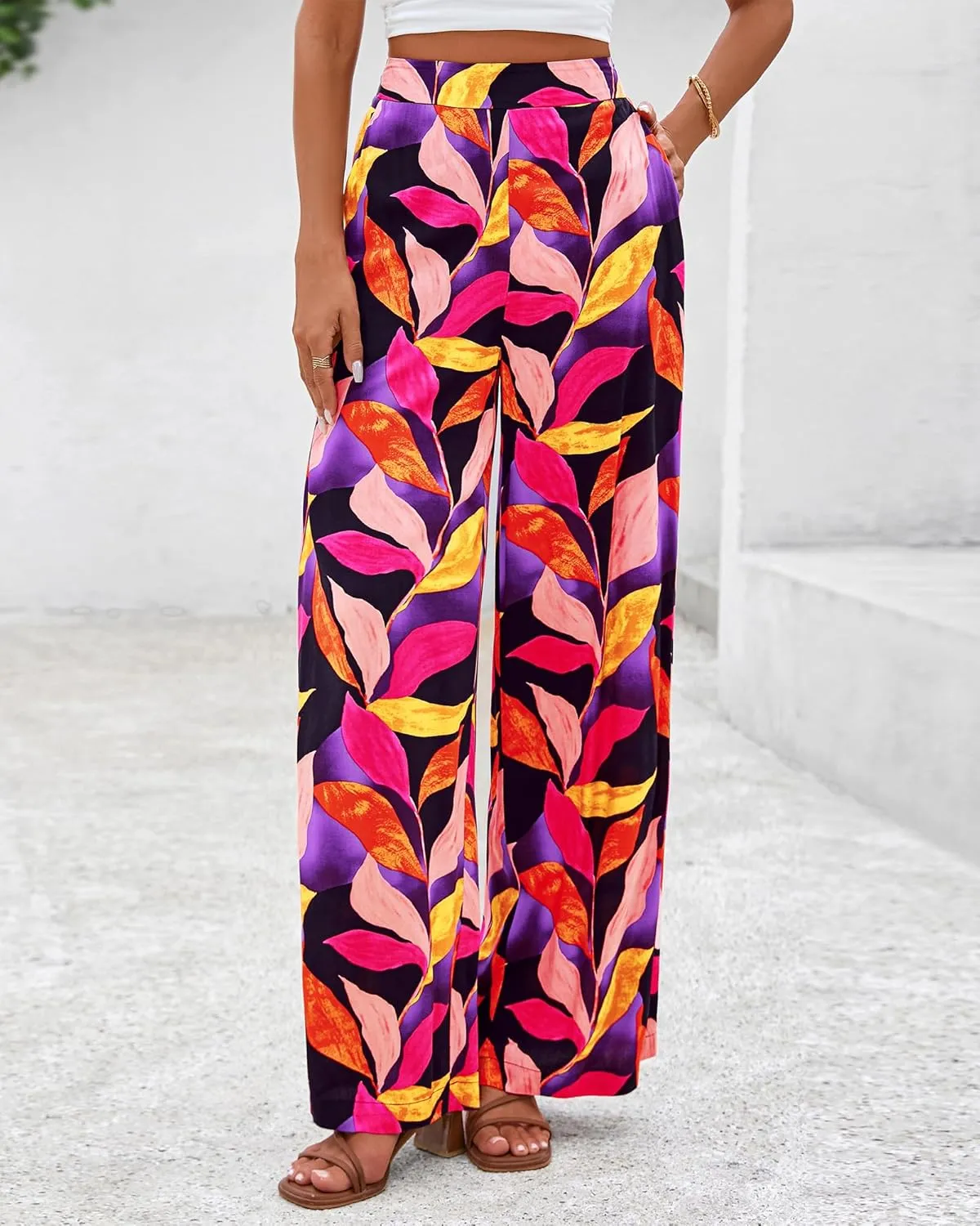 BTFBM Women's Wide Leg Summer Pants 2025 Loose Boho Vacation Trousers Elastic Waist Printed Palazzo Lounge Pant Pockets