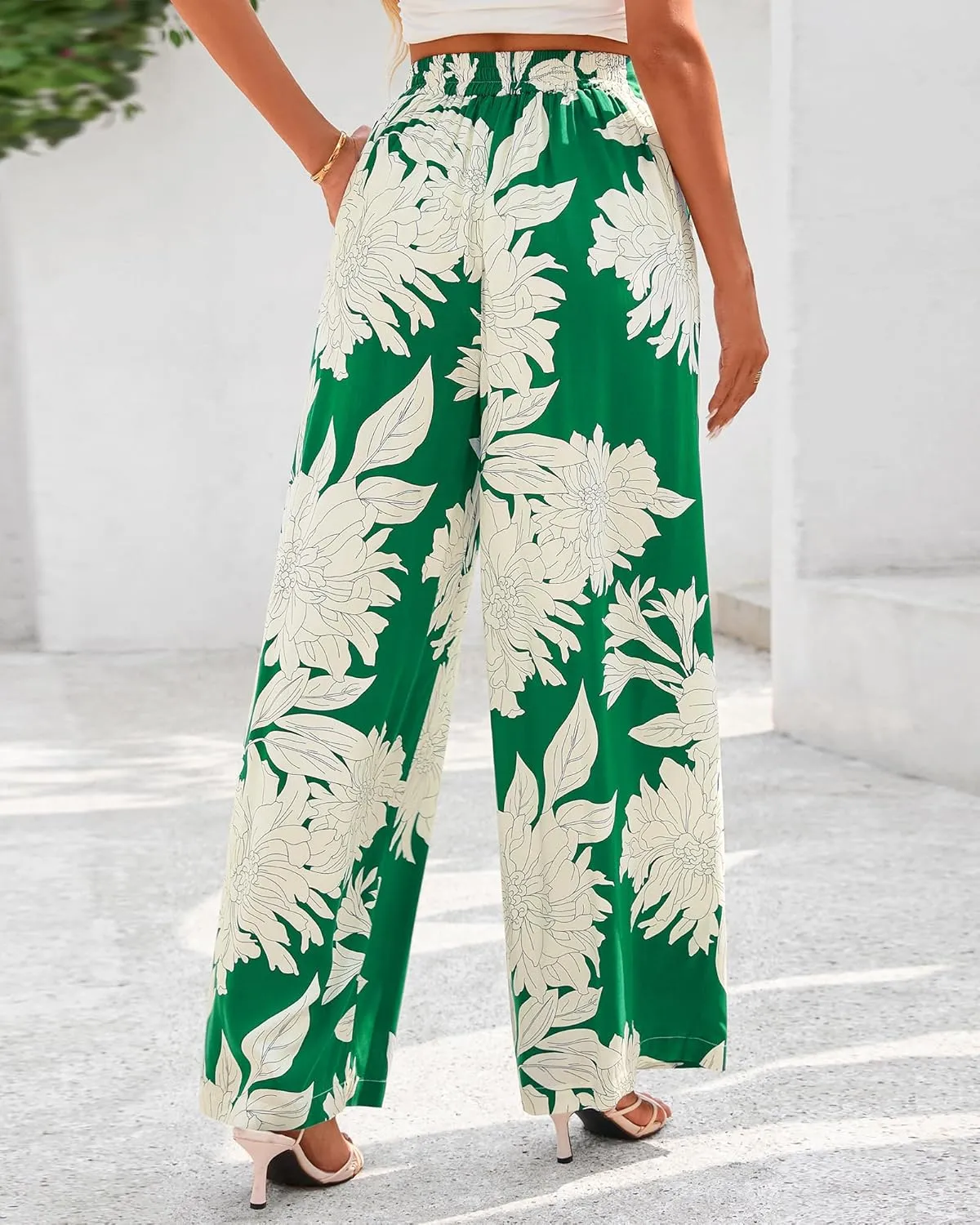 BTFBM Women's Wide Leg Summer Pants 2025 Loose Boho Vacation Trousers Elastic Waist Printed Palazzo Lounge Pant Pockets