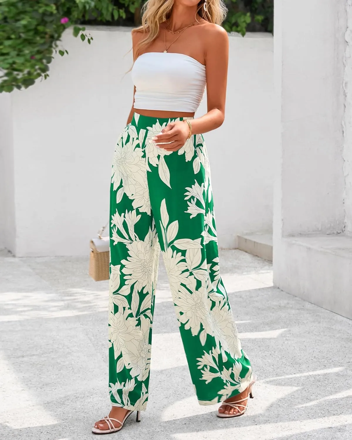 BTFBM Women's Wide Leg Summer Pants 2025 Loose Boho Vacation Trousers Elastic Waist Printed Palazzo Lounge Pant Pockets