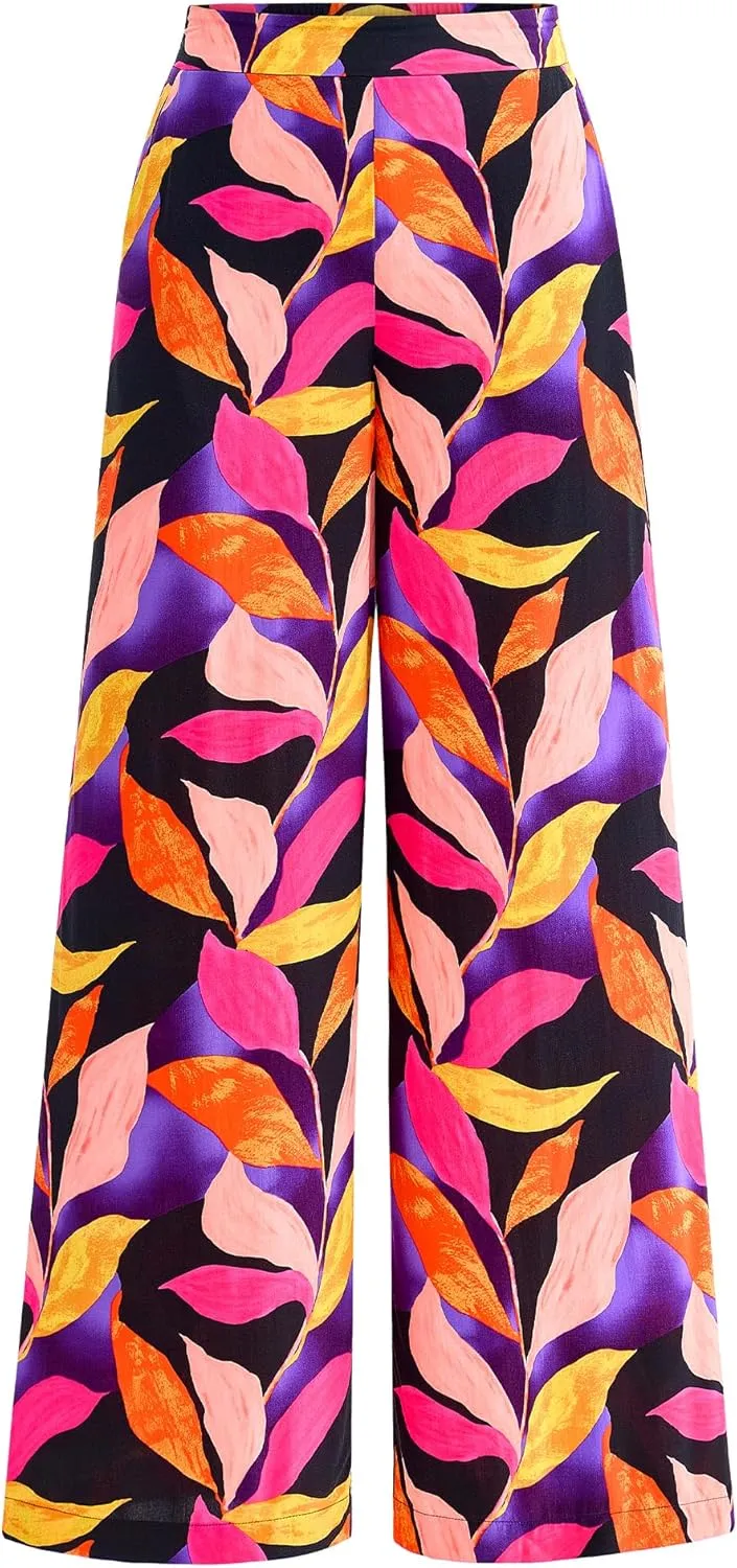 BTFBM Women's Wide Leg Summer Pants 2025 Loose Boho Vacation Trousers Elastic Waist Printed Palazzo Lounge Pant Pockets