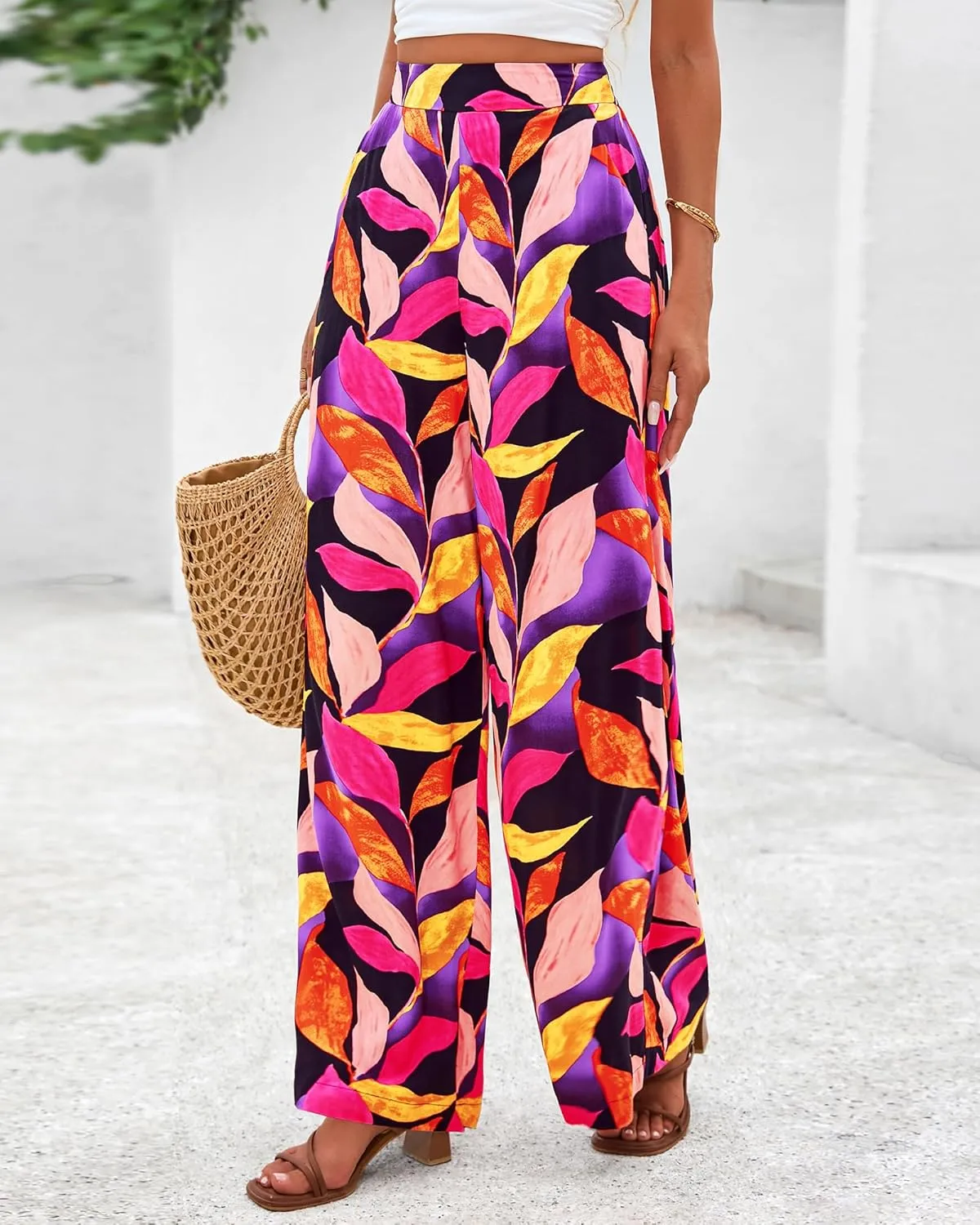 BTFBM Women's Wide Leg Summer Pants 2025 Loose Boho Vacation Trousers Elastic Waist Printed Palazzo Lounge Pant Pockets