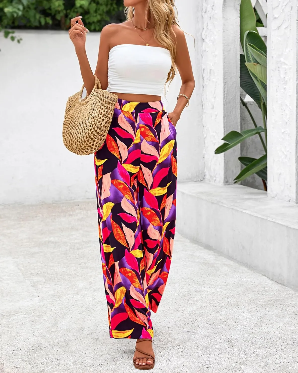 BTFBM Women's Wide Leg Summer Pants 2025 Loose Boho Vacation Trousers Elastic Waist Printed Palazzo Lounge Pant Pockets