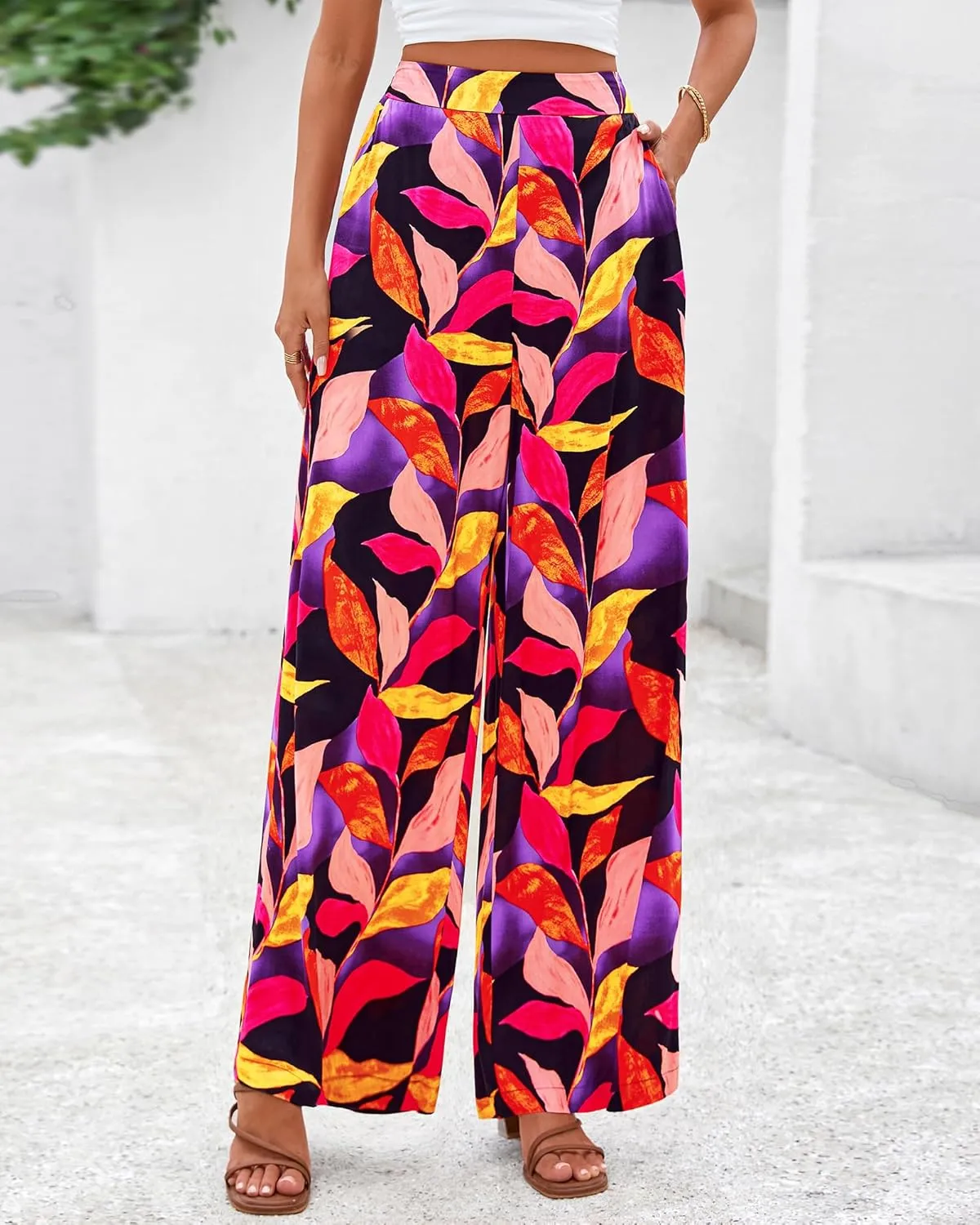 BTFBM Women's Wide Leg Summer Pants 2025 Loose Boho Vacation Trousers Elastic Waist Printed Palazzo Lounge Pant Pockets