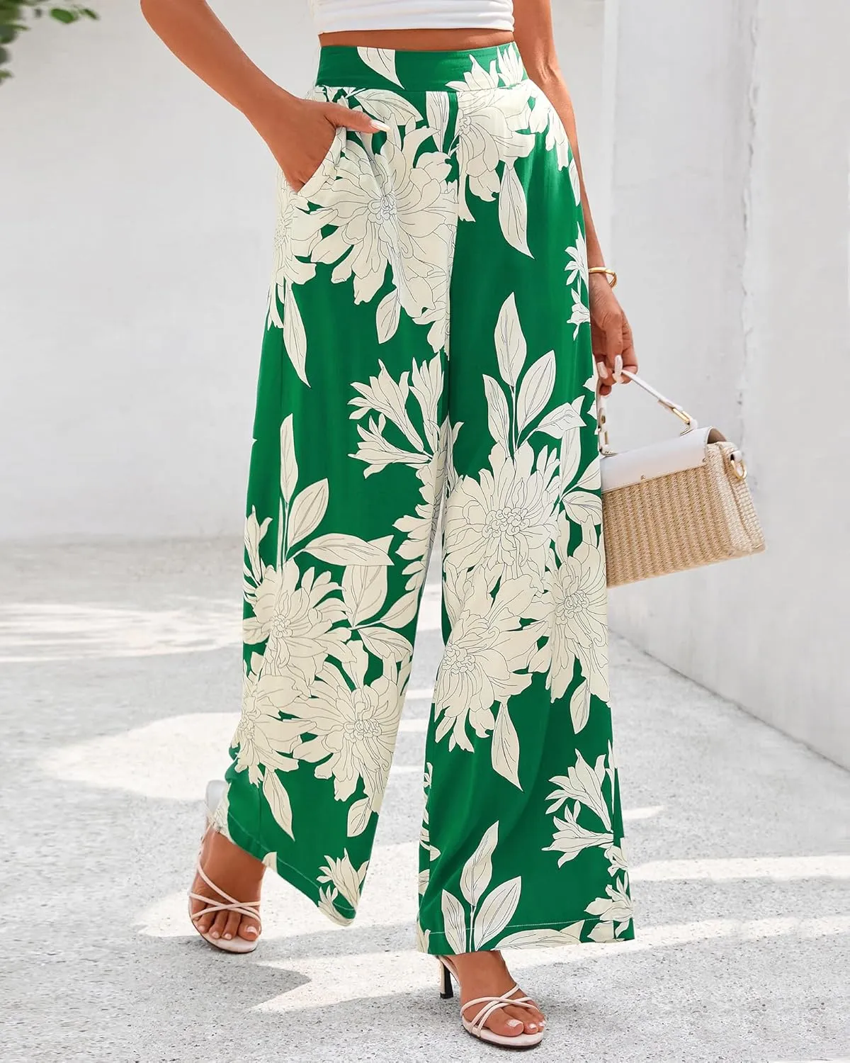 BTFBM Women's Wide Leg Summer Pants 2025 Loose Boho Vacation Trousers Elastic Waist Printed Palazzo Lounge Pant Pockets