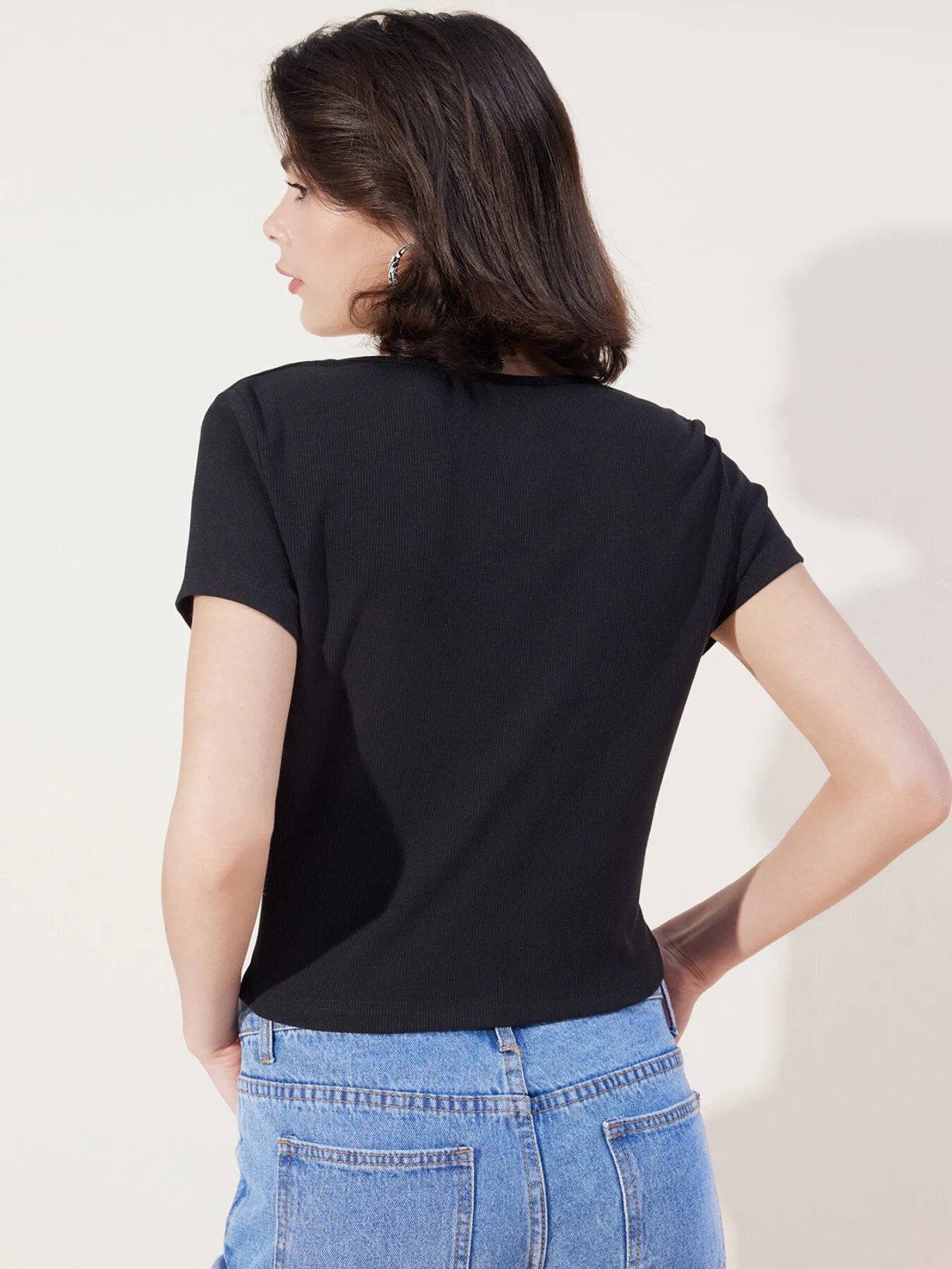 Button Front V Neck Rib Tee