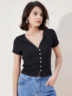 Button Front V Neck Rib Tee
