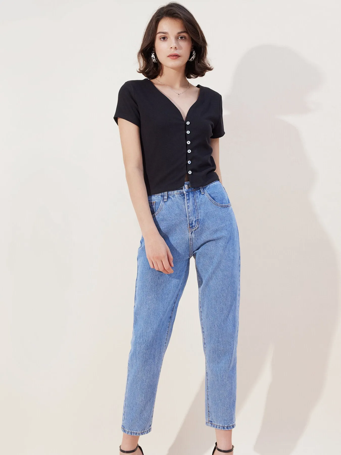 Button Front V Neck Rib Tee