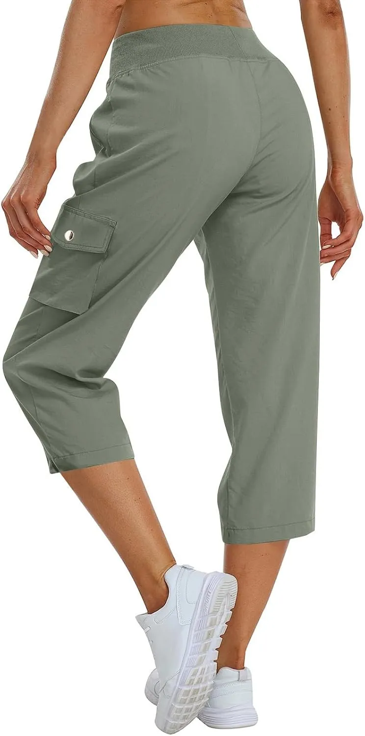 Capris for Seniors Lightweight Drawstring Waist Capri Cargo Pants Outdoor Hiking Wide Leg Cropped Pants with Pockets