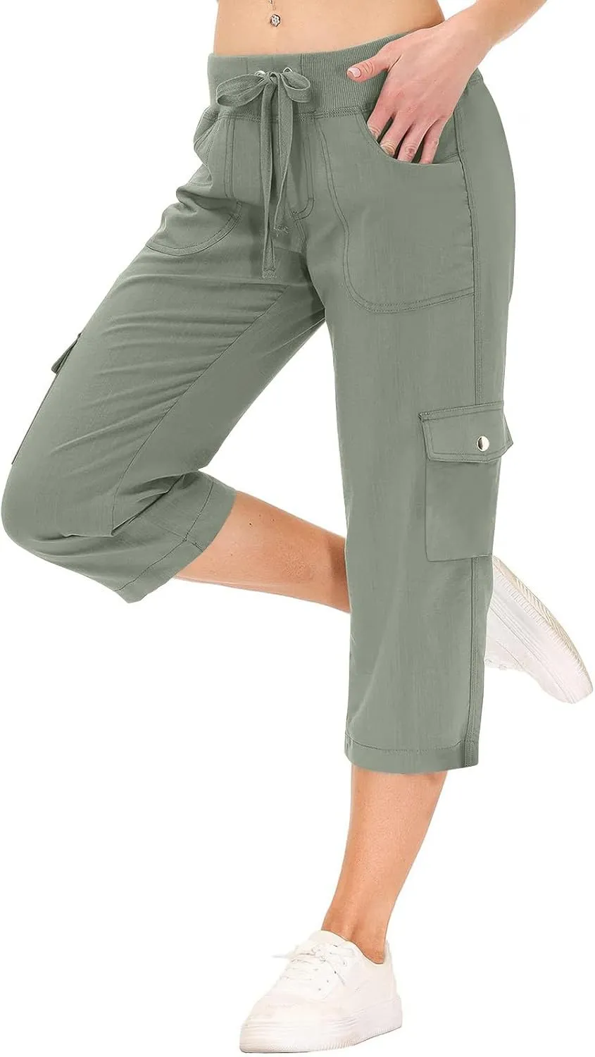 Capris for Seniors Lightweight Drawstring Waist Capri Cargo Pants Outdoor Hiking Wide Leg Cropped Pants with Pockets
