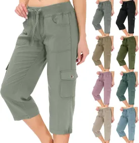 Capris for Seniors Lightweight Drawstring Waist Capri Cargo Pants Outdoor Hiking Wide Leg Cropped Pants with Pockets