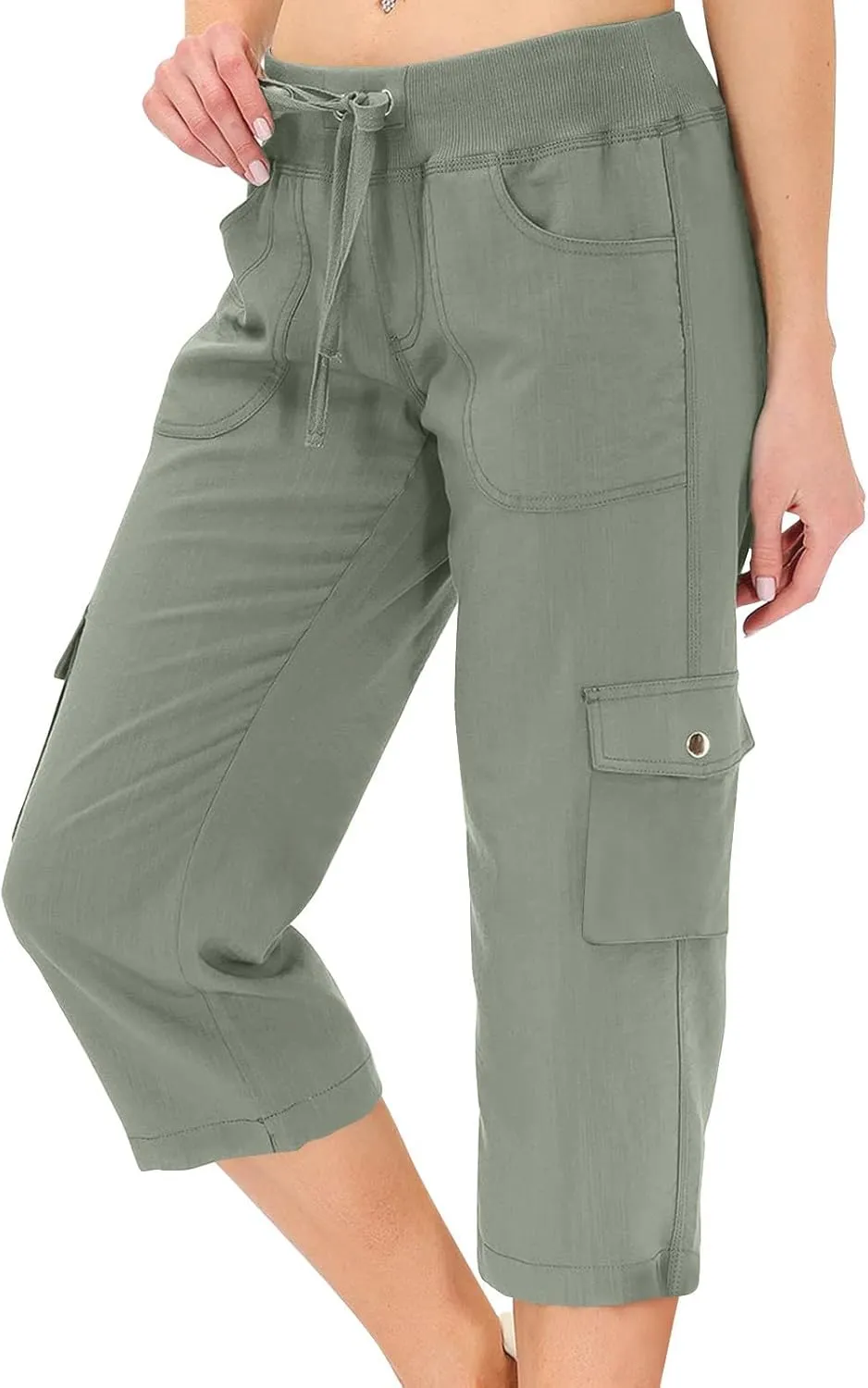 Capris for Seniors Lightweight Drawstring Waist Capri Cargo Pants Outdoor Hiking Wide Leg Cropped Pants with Pockets