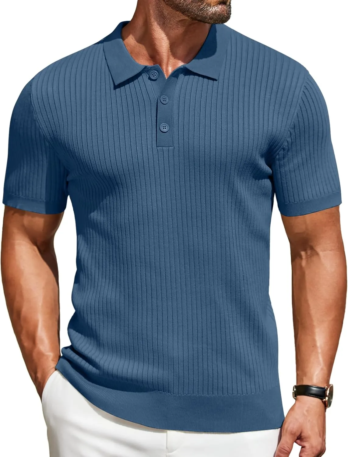 COOFANDY Mens Knit Polo Shirts Short Sleeve Golf Shirts Button Down Casual Polo T Shirts Textured Slim Fit Pullover