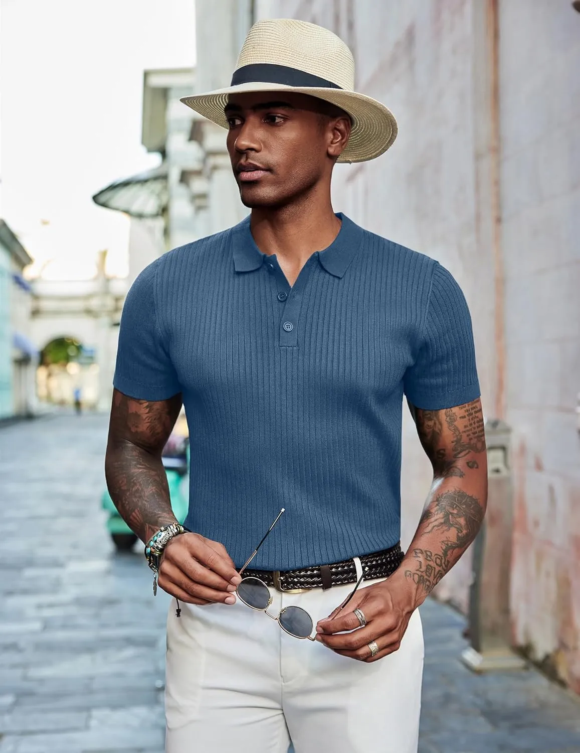 COOFANDY Mens Knit Polo Shirts Short Sleeve Golf Shirts Button Down Casual Polo T Shirts Textured Slim Fit Pullover