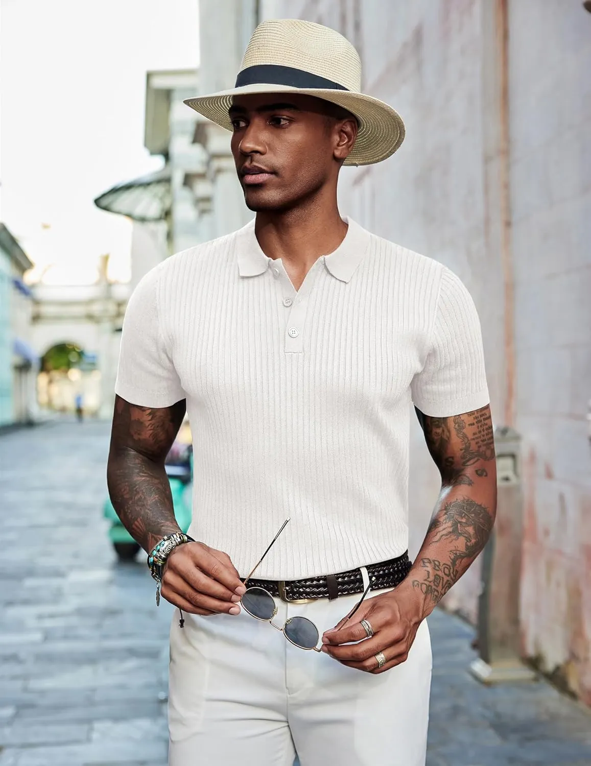 COOFANDY Mens Knit Polo Shirts Short Sleeve Golf Shirts Button Down Casual Polo T Shirts Textured Slim Fit Pullover