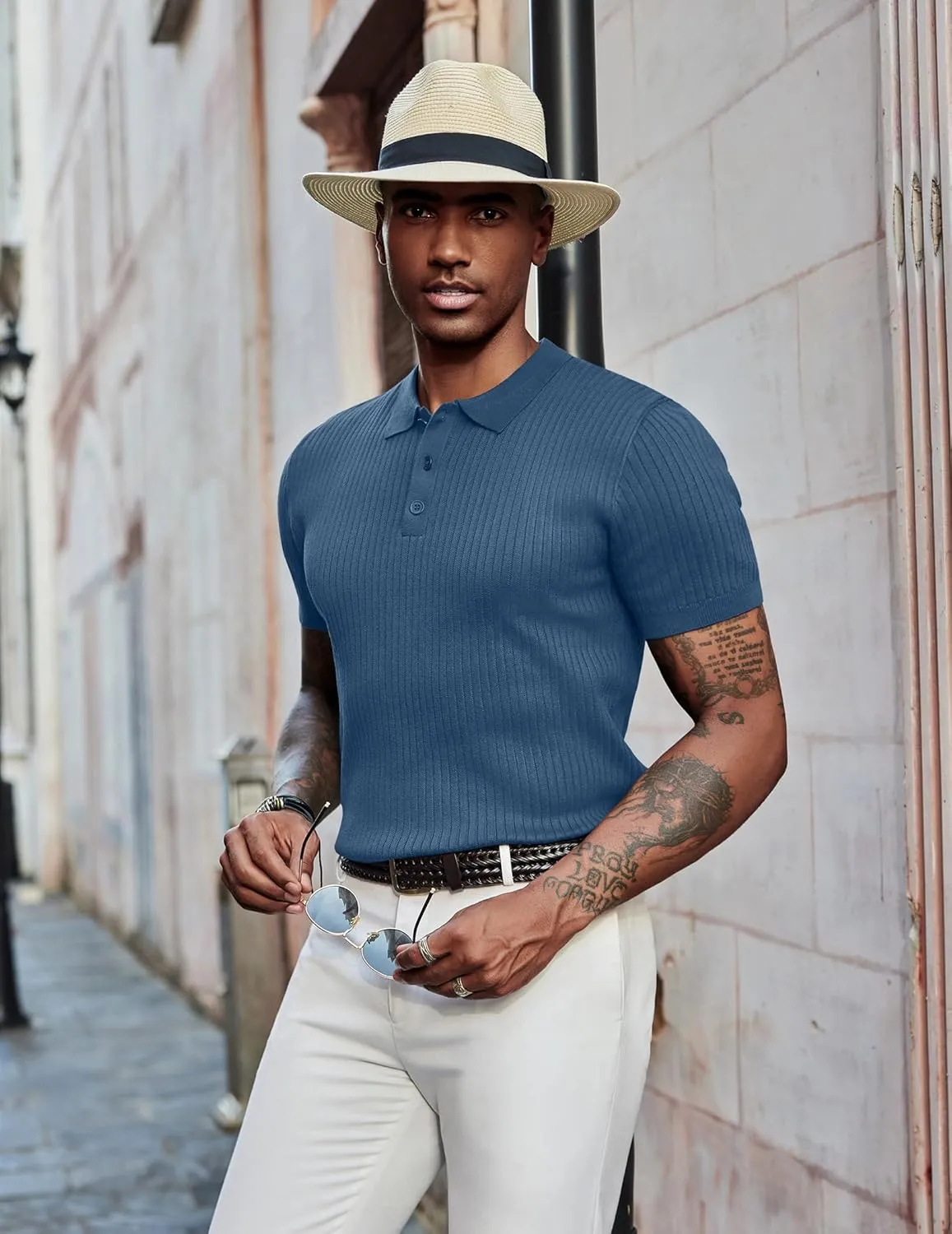 COOFANDY Mens Knit Polo Shirts Short Sleeve Golf Shirts Button Down Casual Polo T Shirts Textured Slim Fit Pullover