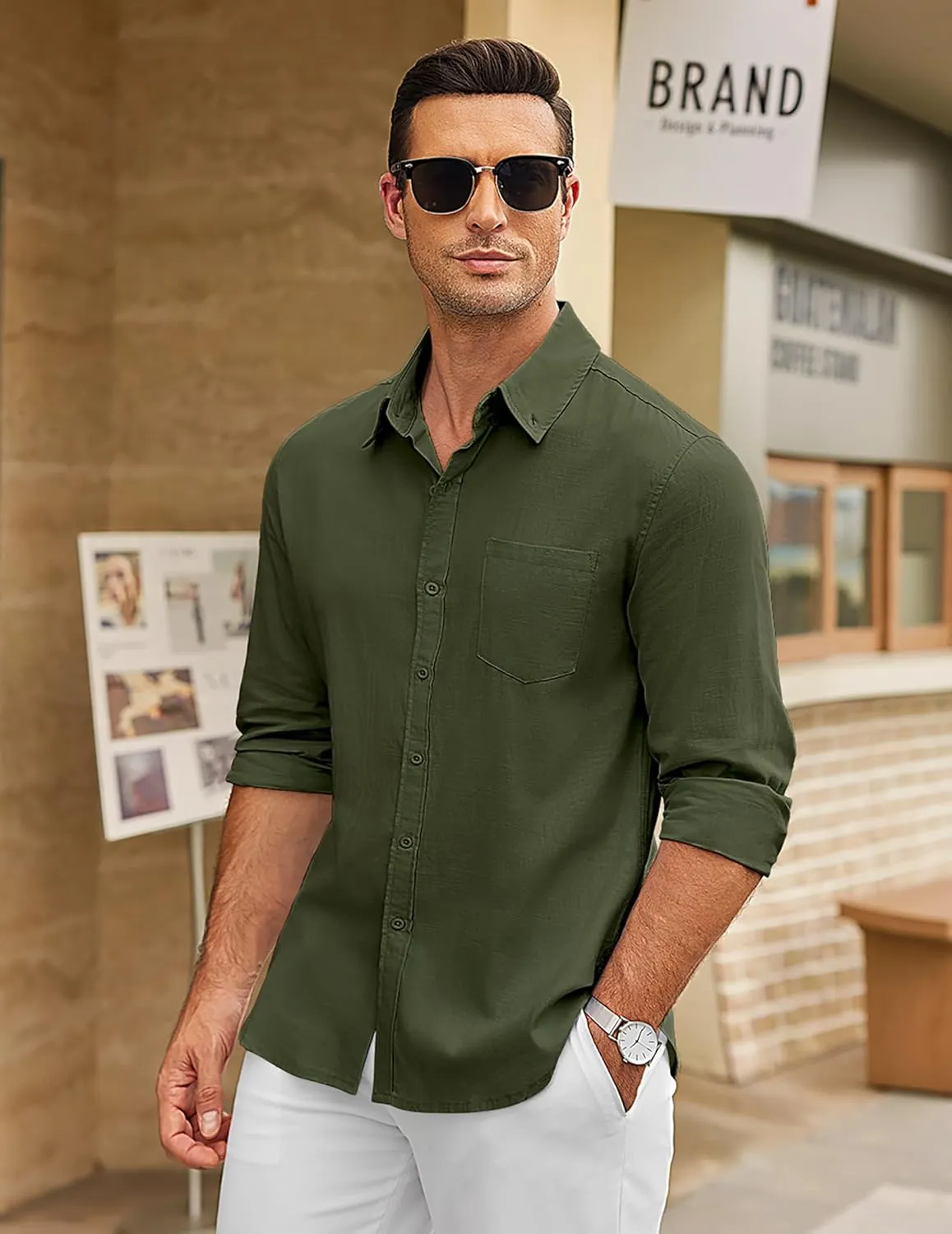 COOFANDY Men's Long Sleeve Button Down Shirts Casual Cotton Linen Shirts Summer Beach Shirt with Pocket