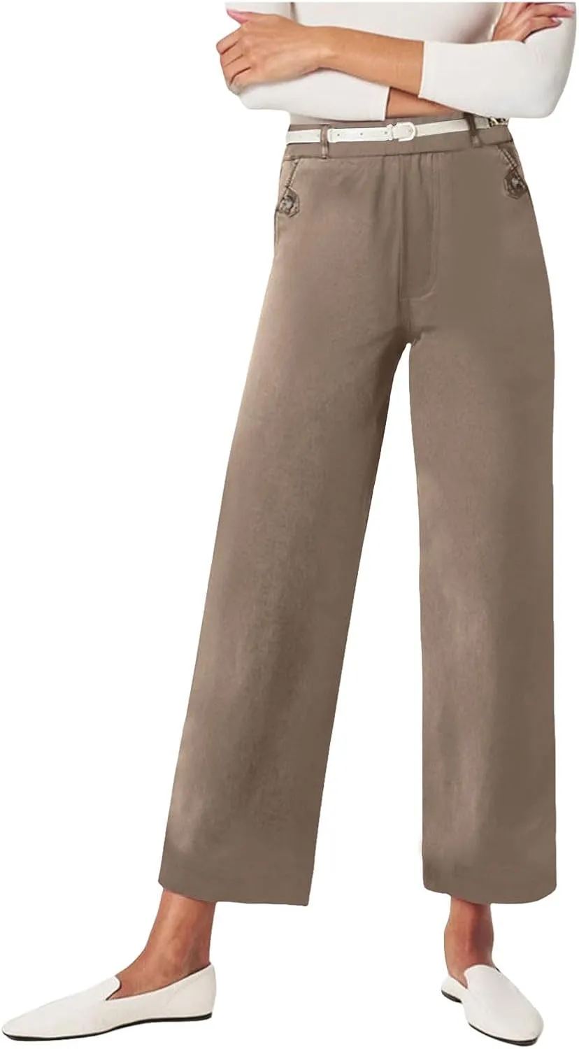 Cropped Pants for Women Casual Straight Wide Leg Plus Size Baggy Capri Trousers Stretch Track Pants with Pockets
