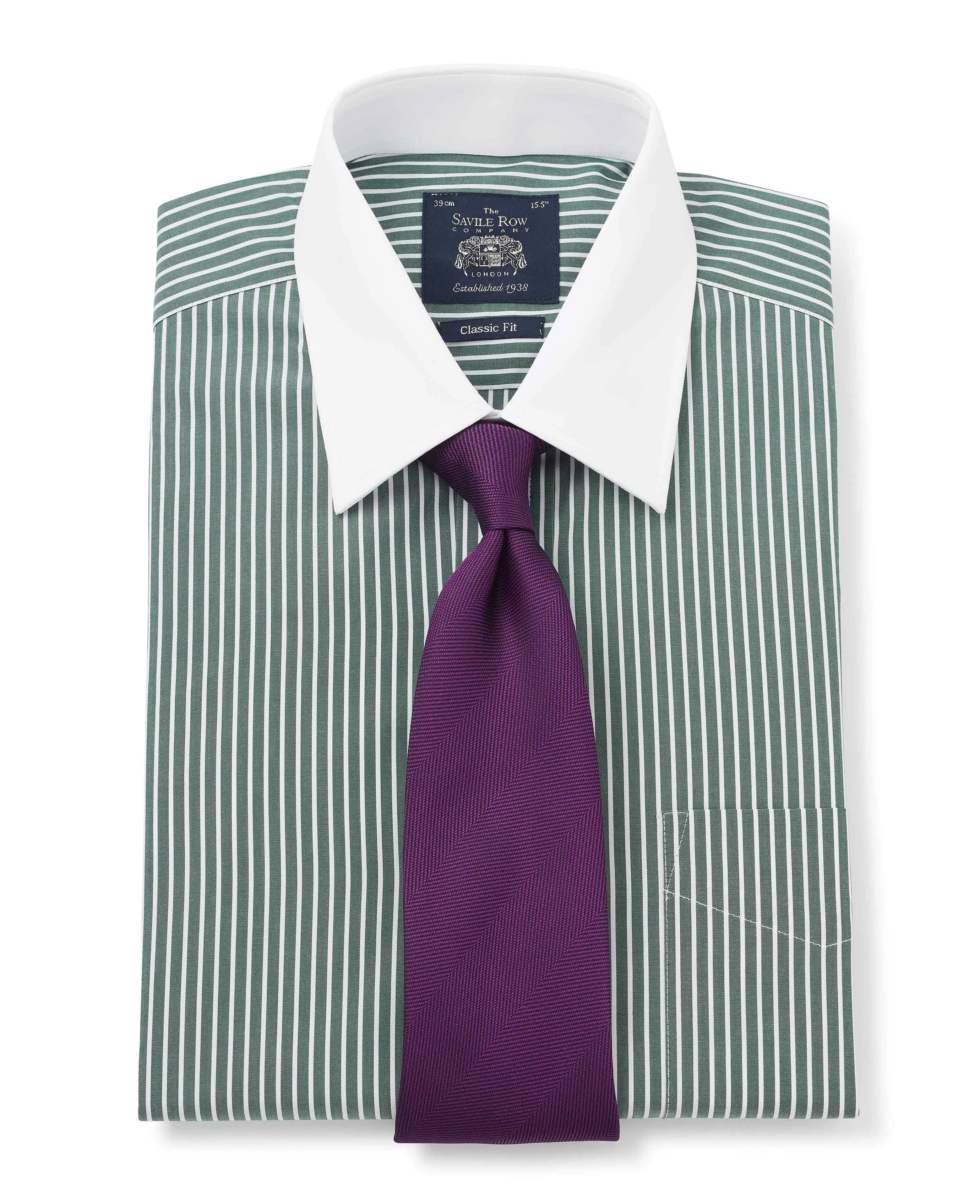 Dark Green Reverse Stripe Classic Fit Shirt With White Collar & Cuffs