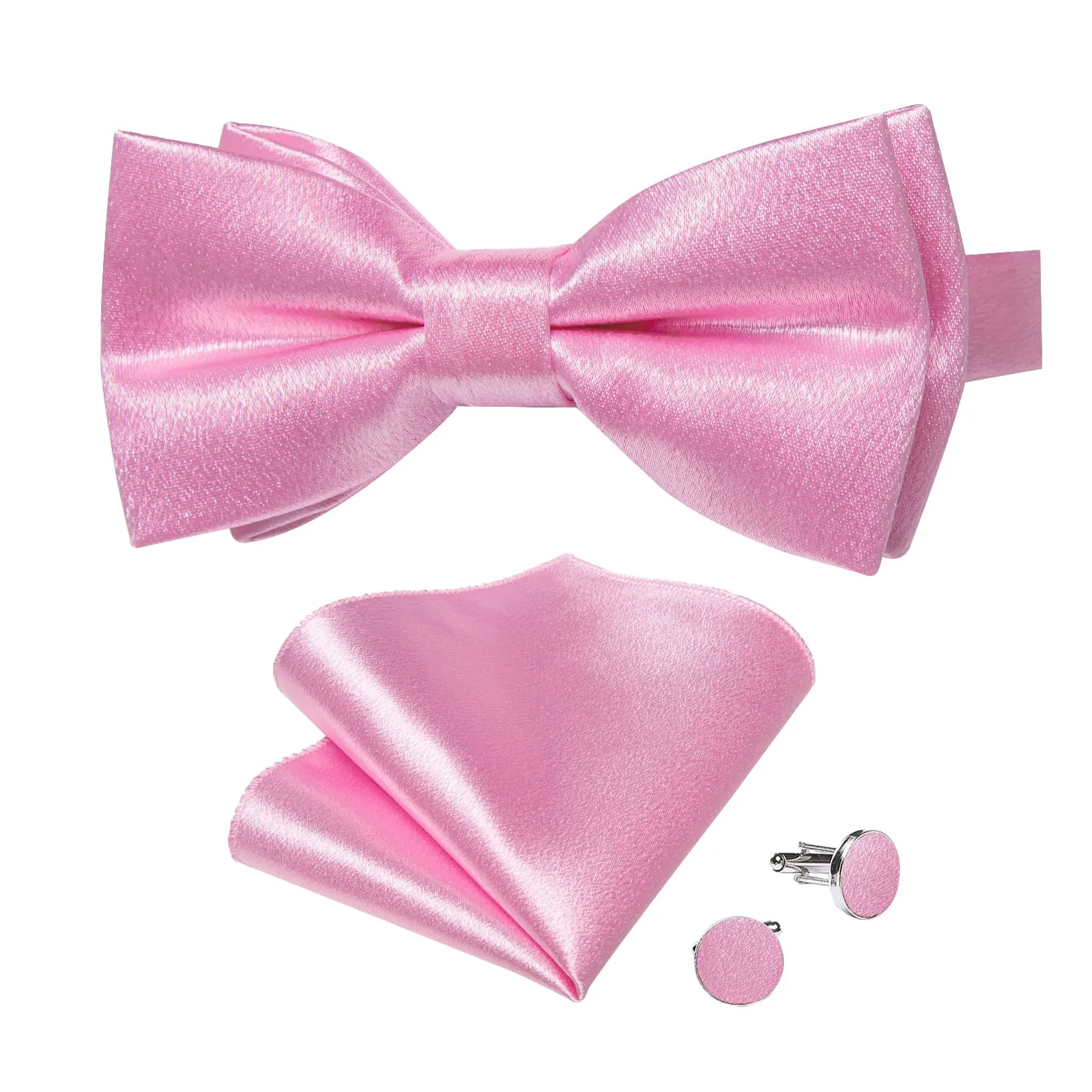 DiBanGu Silk Bow Tie Shining Taffy Pink Solid Mens Pre-Tied Bowtie Handkerchief Cufflinks Set