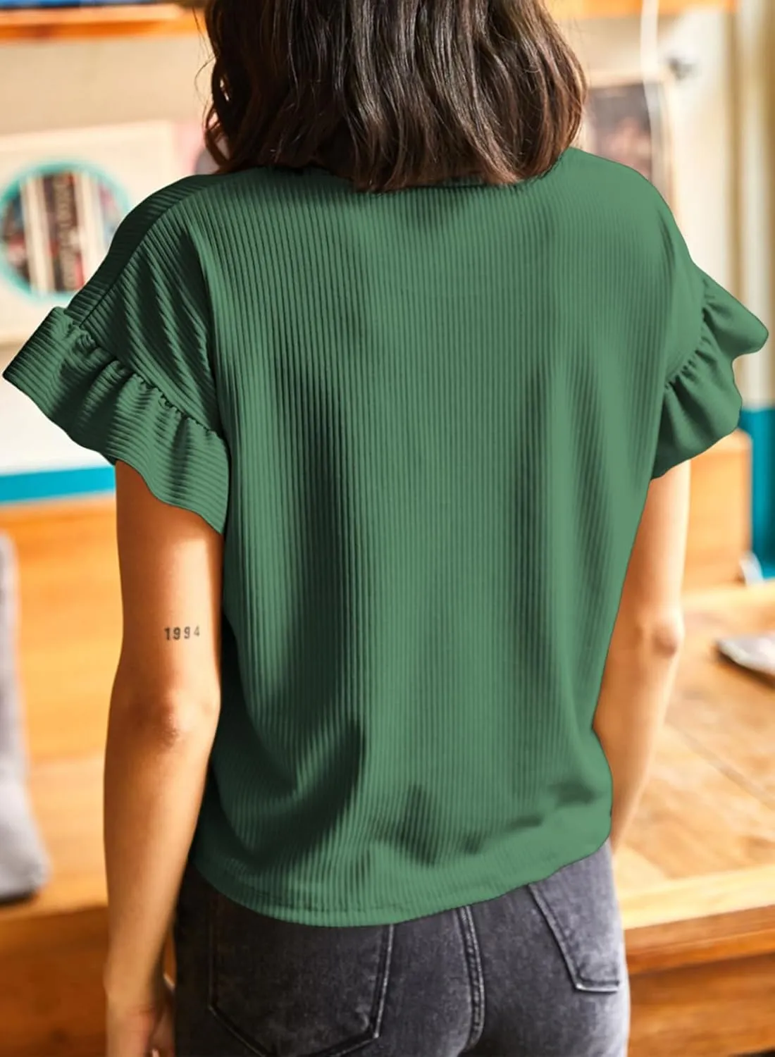 EVALESS Womens Summer Casual Short Sleeve Tops Ruffle Basic T Shirts Round Neck Solid Knit Loose Fit Tee Blouses