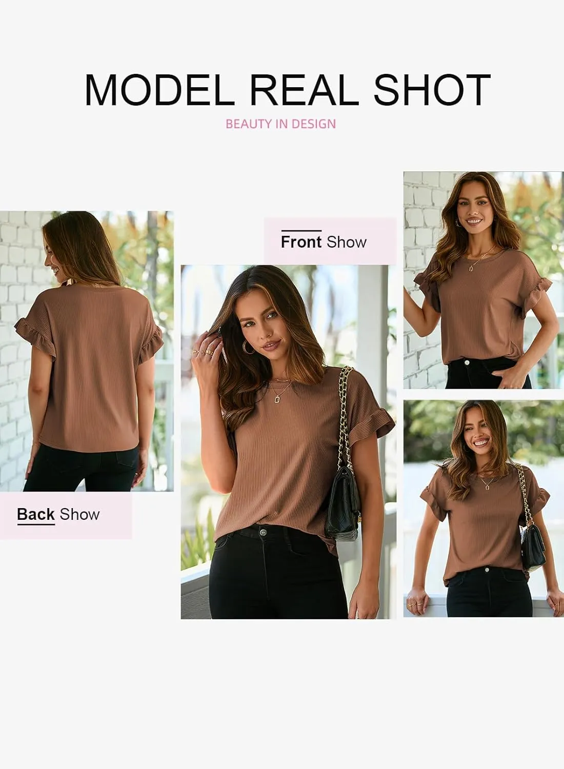 EVALESS Womens Summer Casual Short Sleeve Tops Ruffle Basic T Shirts Round Neck Solid Knit Loose Fit Tee Blouses