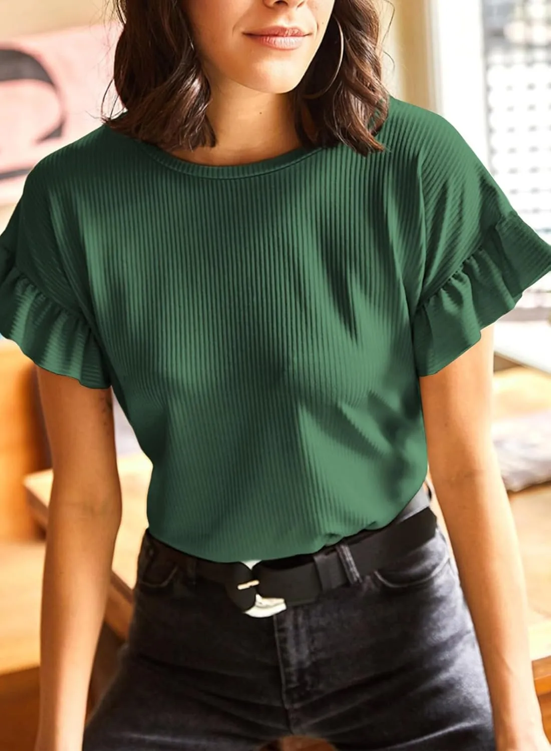 EVALESS Womens Summer Casual Short Sleeve Tops Ruffle Basic T Shirts Round Neck Solid Knit Loose Fit Tee Blouses