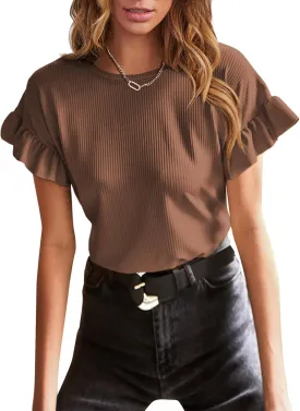 EVALESS Womens Summer Casual Short Sleeve Tops Ruffle Basic T Shirts Round Neck Solid Knit Loose Fit Tee Blouses