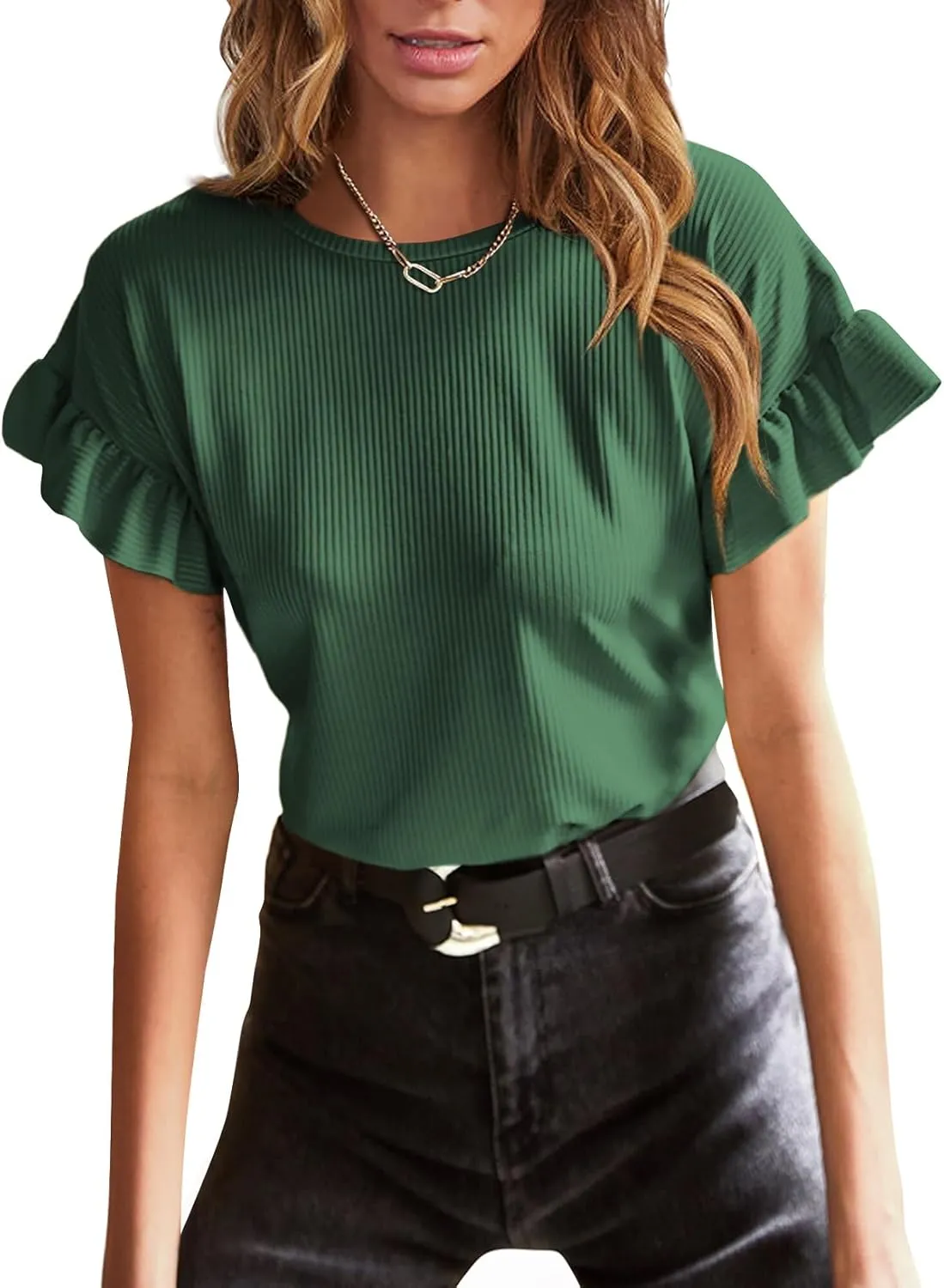 EVALESS Womens Summer Casual Short Sleeve Tops Ruffle Basic T Shirts Round Neck Solid Knit Loose Fit Tee Blouses