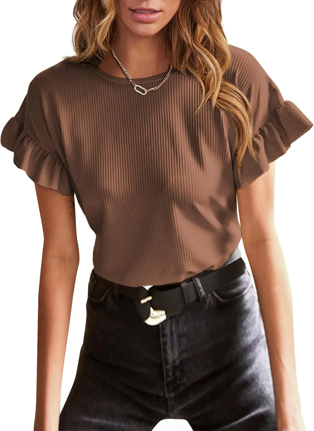 EVALESS Womens Summer Casual Short Sleeve Tops Ruffle Basic T Shirts Round Neck Solid Knit Loose Fit Tee Blouses