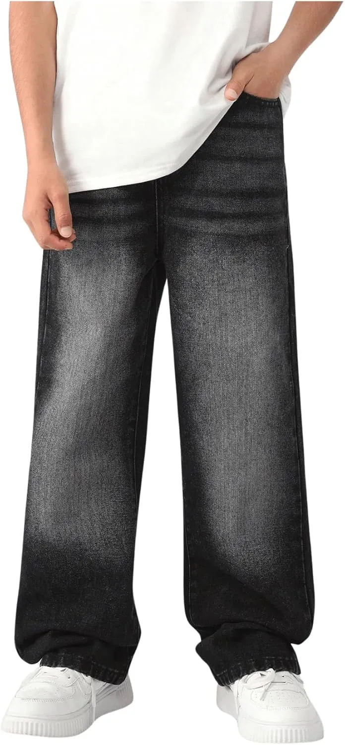 Floerns Boy's Casual Straight Leg Denim Pants Elastic Waist Jeans with Pockets