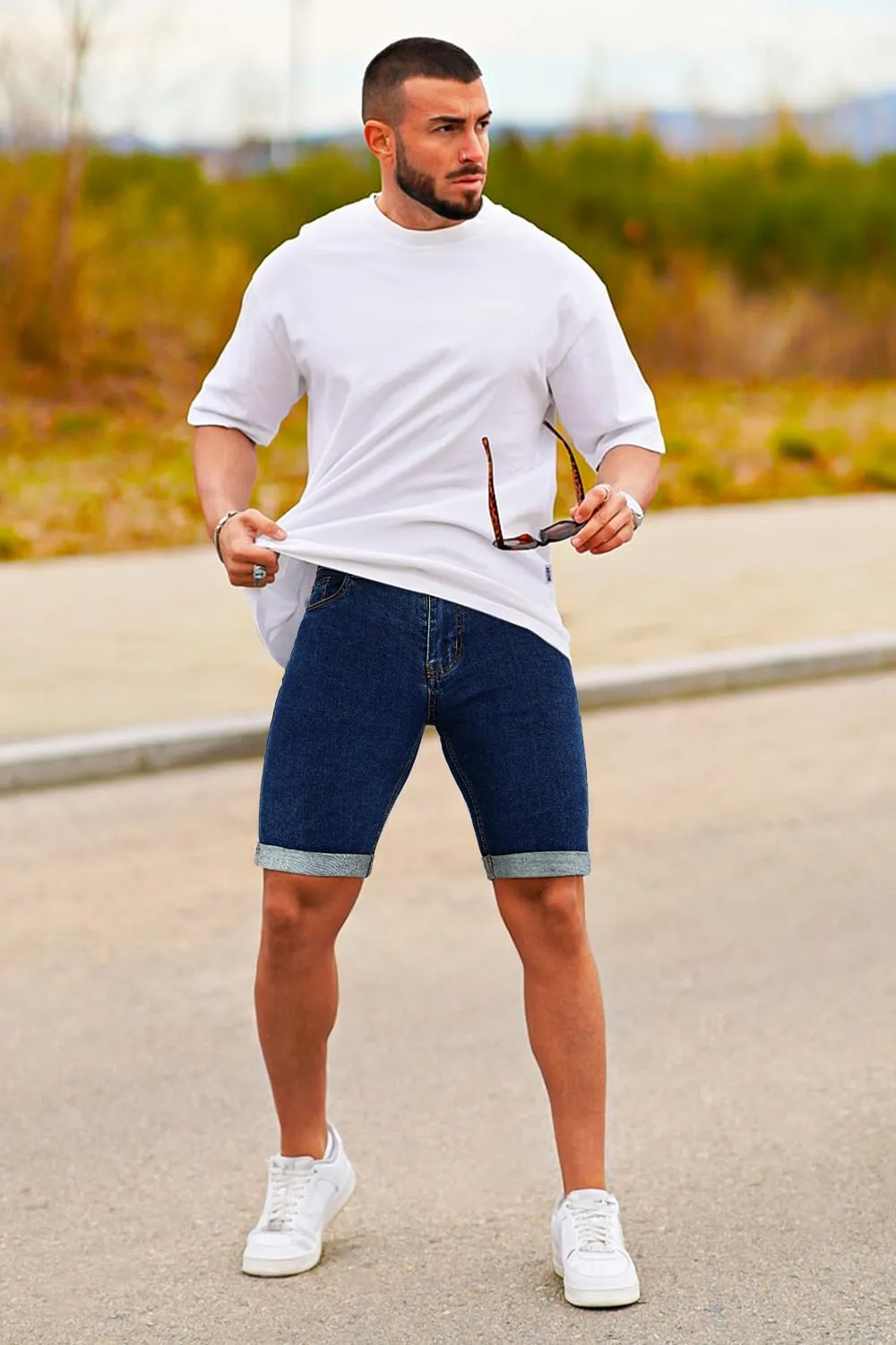 GINGTTO Men's Denim Shorts Slim Fit Stretch Short Jeans