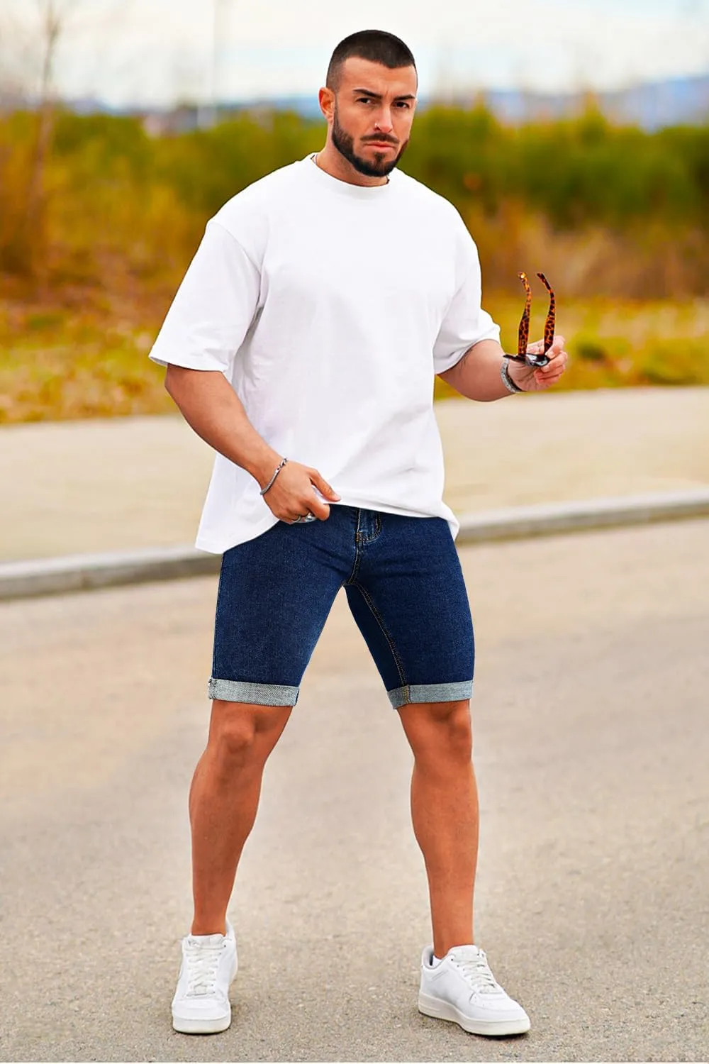 GINGTTO Men's Denim Shorts Slim Fit Stretch Short Jeans