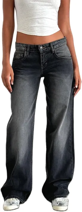 Giraropa Women Y2k Low Rise Jeans Vintage Baggy Straight Wide Leg Boyfriend Jeans Casual Loose Fit Long Denim Pants