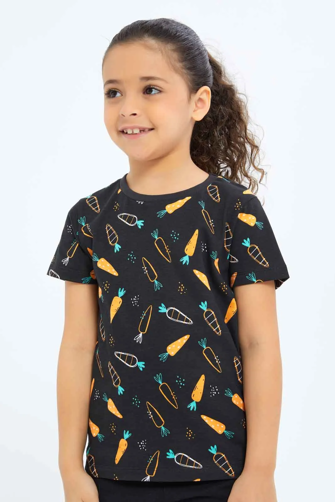 Girls Black Printed T-Shirt
